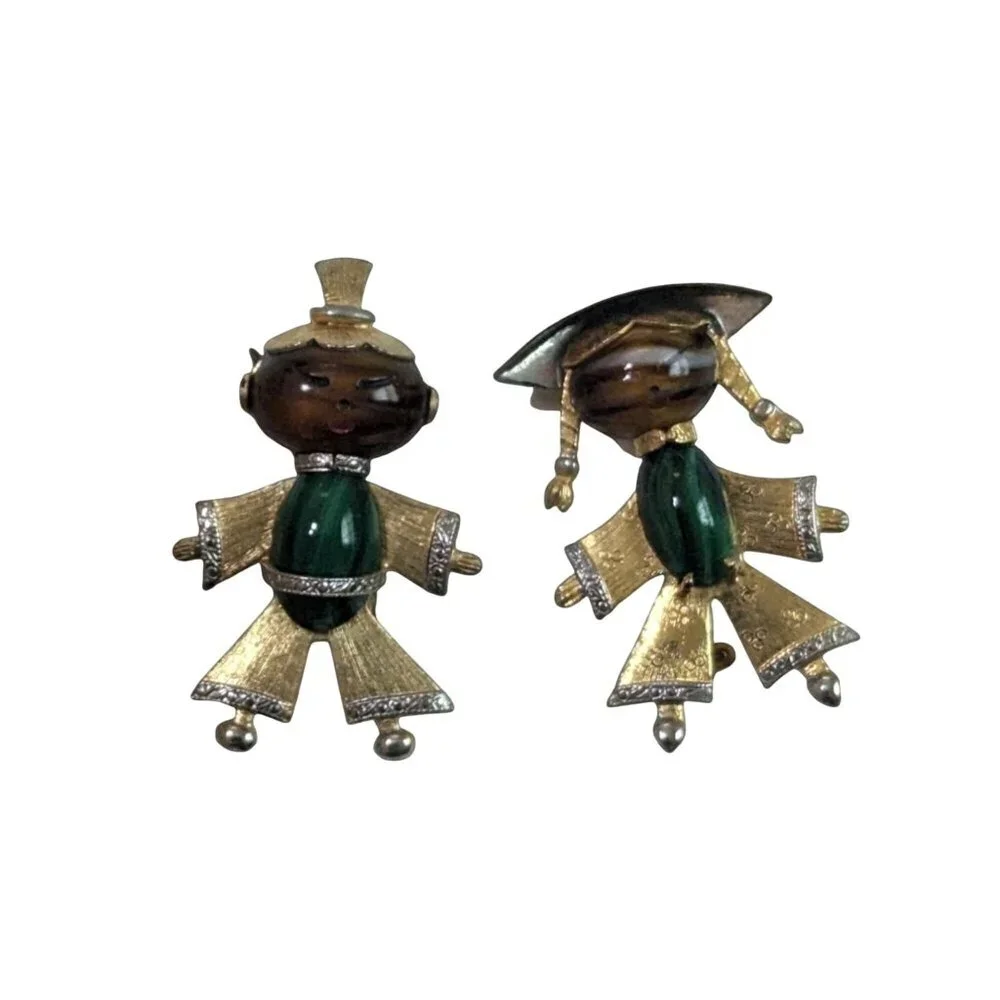 Vintage‎ Asian Figural Brooch Set Gold Tone Green Brown Stone Boy Girl Pins
